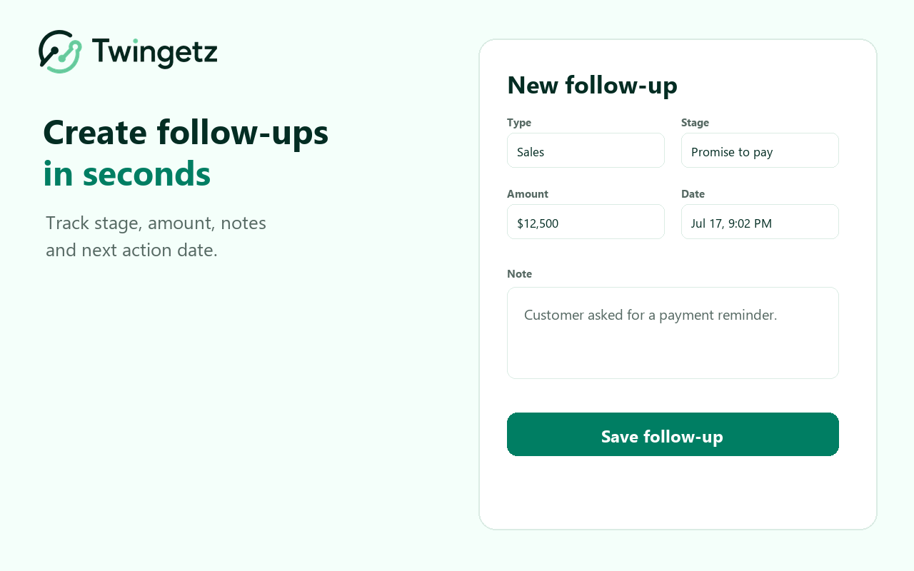 Twingetz follow-up creation form